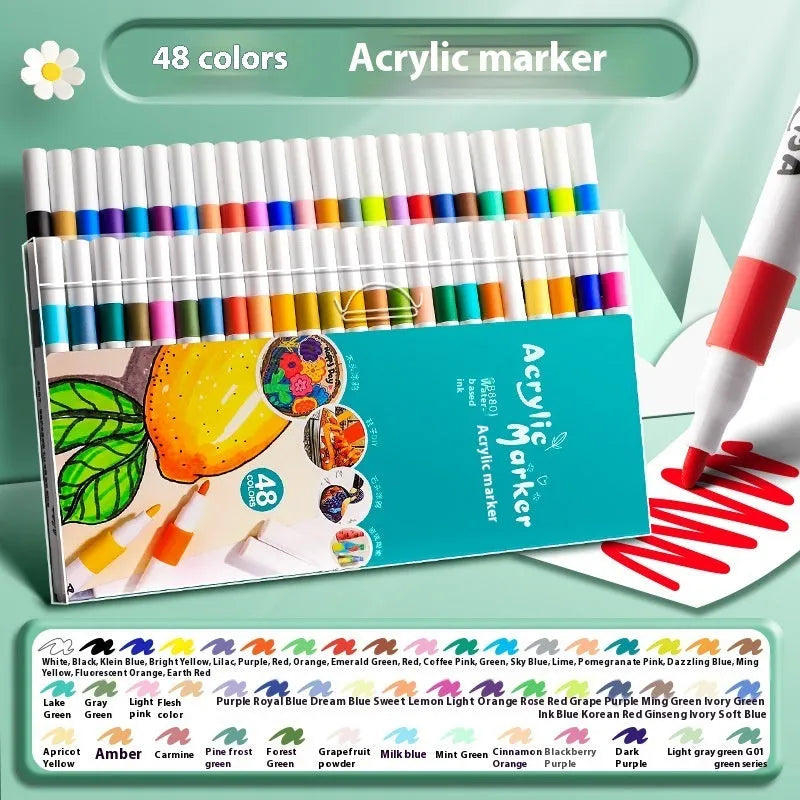 Boxed set of multicoloured True Color acrylic marker pens for students and artists.