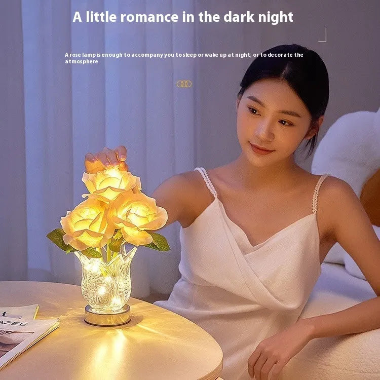 Modern crystal flowers design table lamp with touch dimmer control on wooden surface