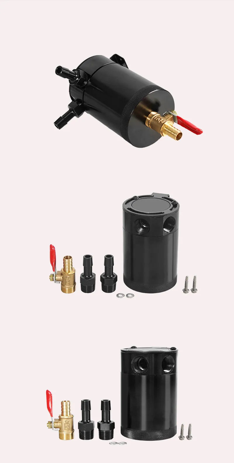 Black aluminium two hole automotive oil can with oil-free valve and connectors.