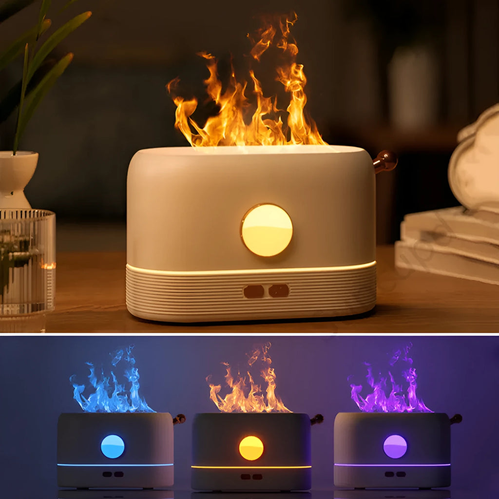 USB desktop humidifier with simulation flame effect and 200ml water tank in black, green or white colours