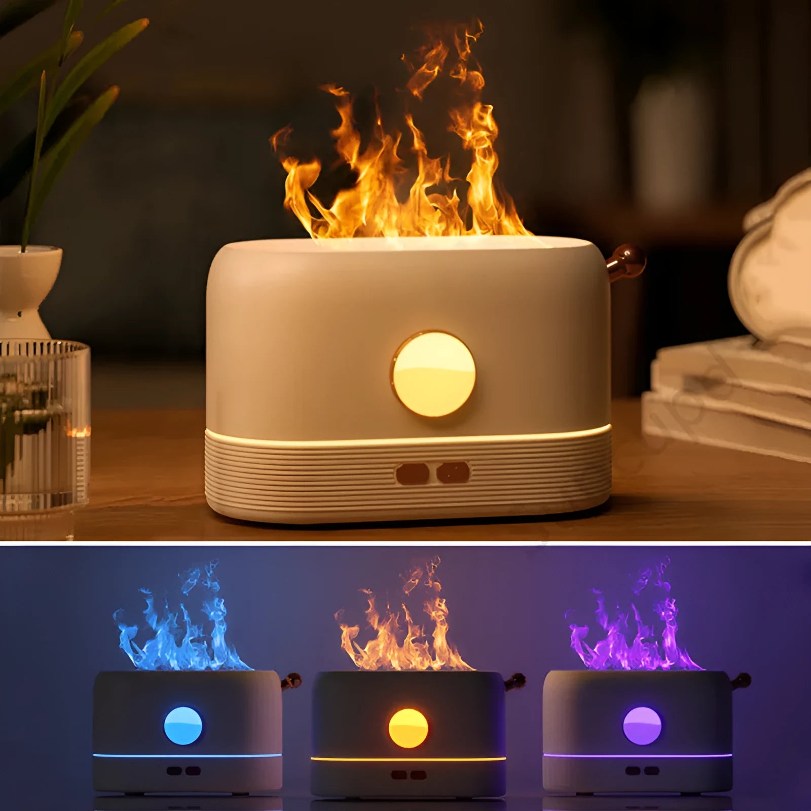 USB desktop humidifier with simulation flame effect and 200ml water tank in black, green or white colours