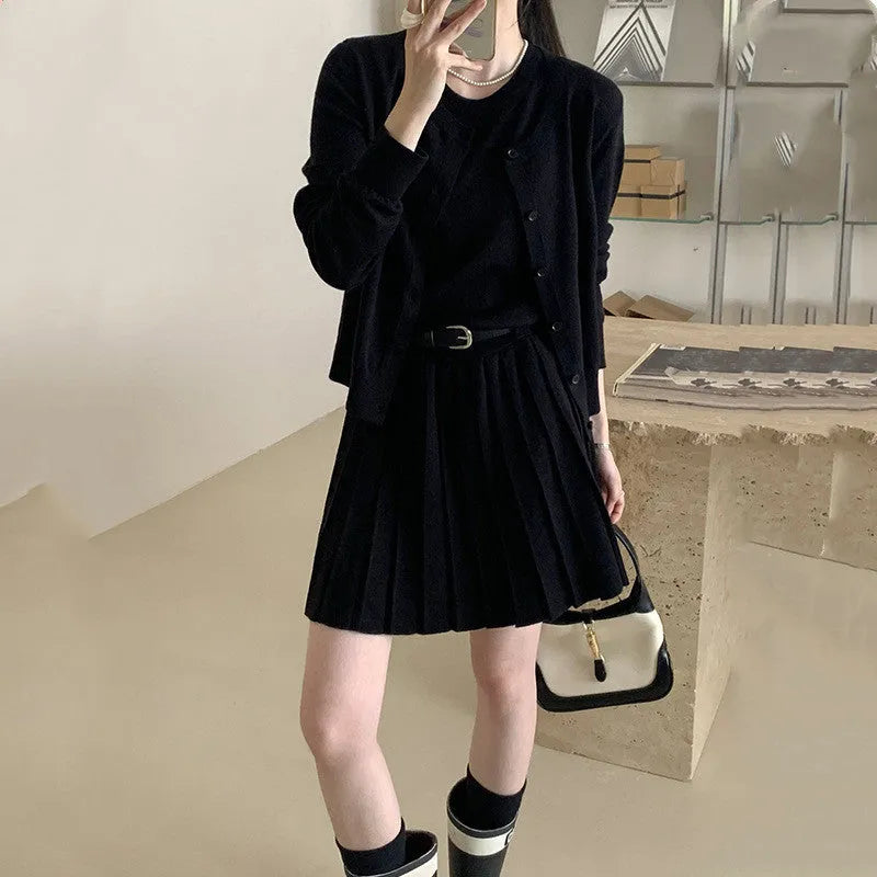 Women's grey art retro knitted two-piece set featuring vest skirt with belt and long-sleeved cardigan