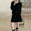 Women's grey art retro knitted two-piece set featuring vest skirt with belt and long-sleeved cardigan