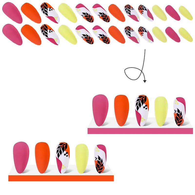 Wear Armour medium almond frosted nail stickers showing four designs: French colourful leaves, star flash macaron, gradient leopard print and colourful plating