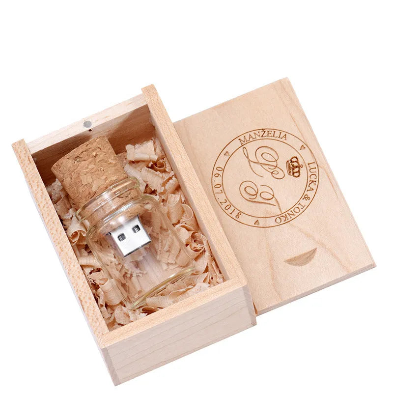 Personalised wooden USB flash drive with chocolate-brown casing showing dimensions and custom graphic option
