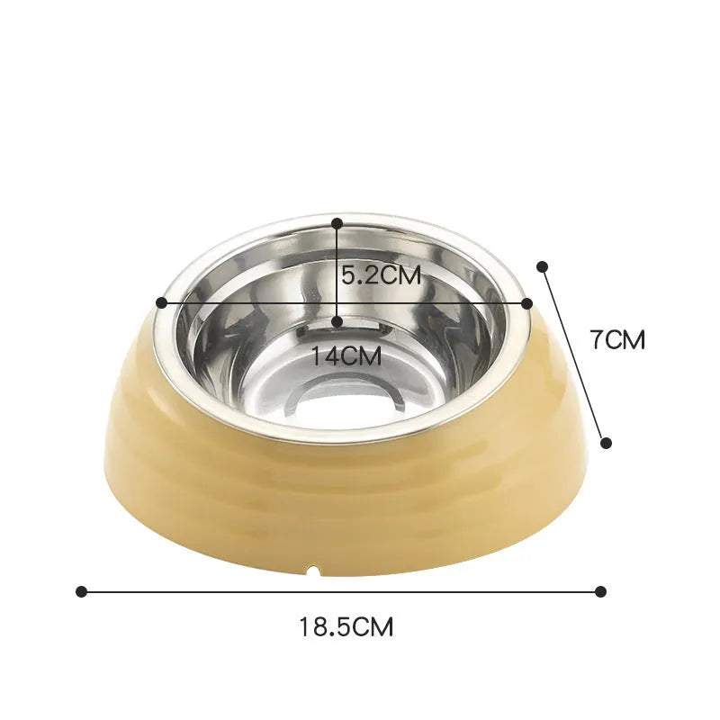 Stainless steel cat bowl with plastic non-slip base in a choice of beige, brown, or light green colours.