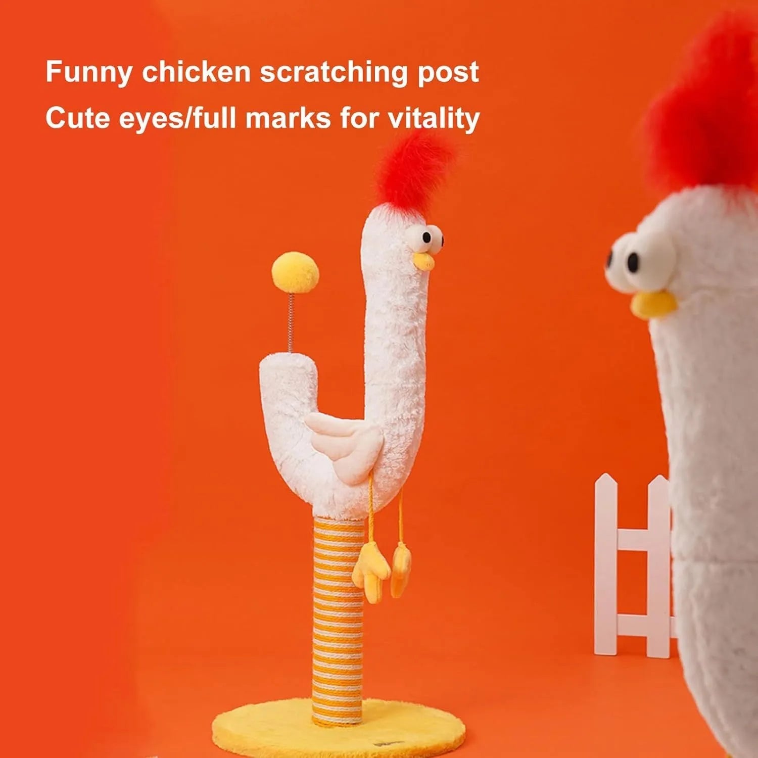 Yellow sisal rope cat scratching post with spring ball and chicken strip design