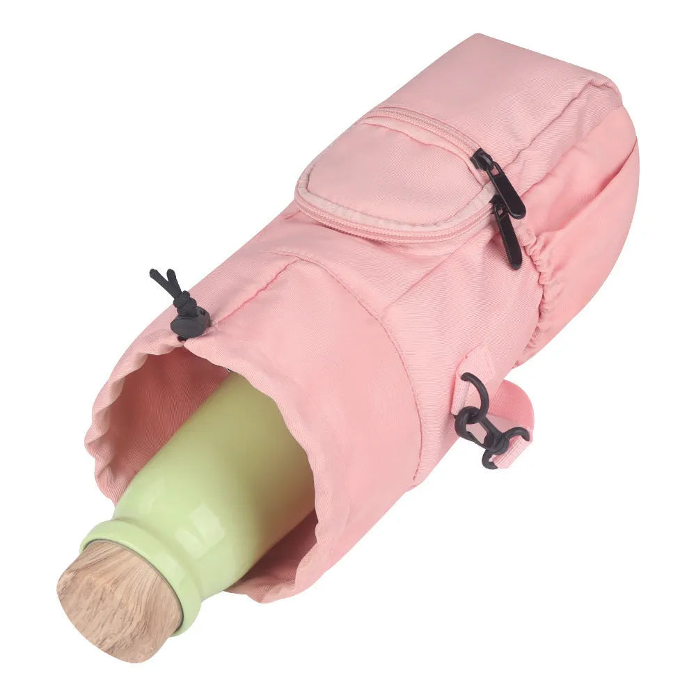 Cloth water bottle shoulder bag with adjustable crossbody strap in black, green, or pink