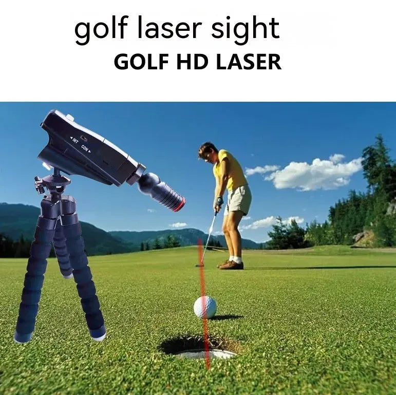 Golf putter laser aiming instrument showing four style configurations with laser sight, zipper box, and tripod accessories