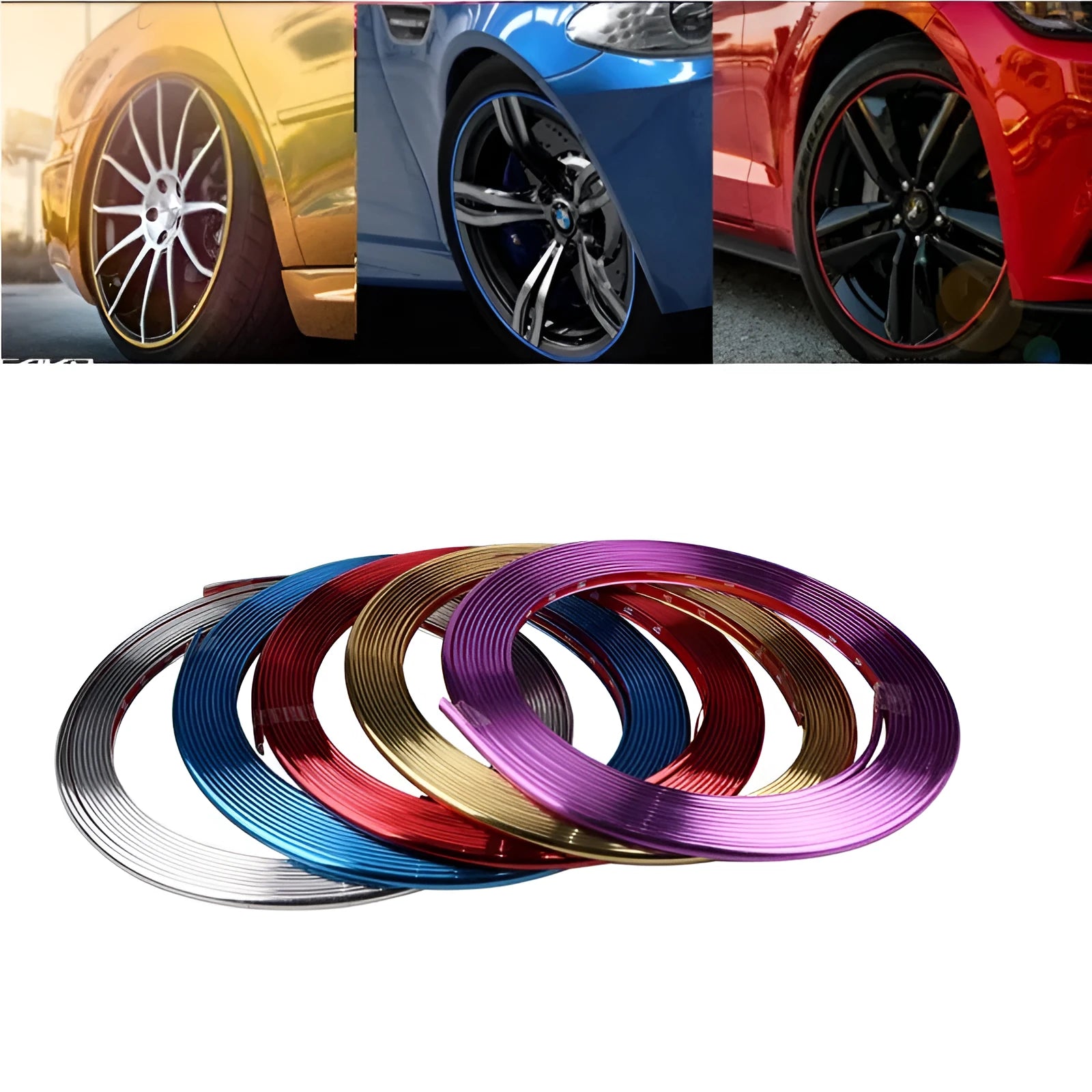 Electroplated purple PVC wheel trim protection strip on 8 metre roll for car wheels
