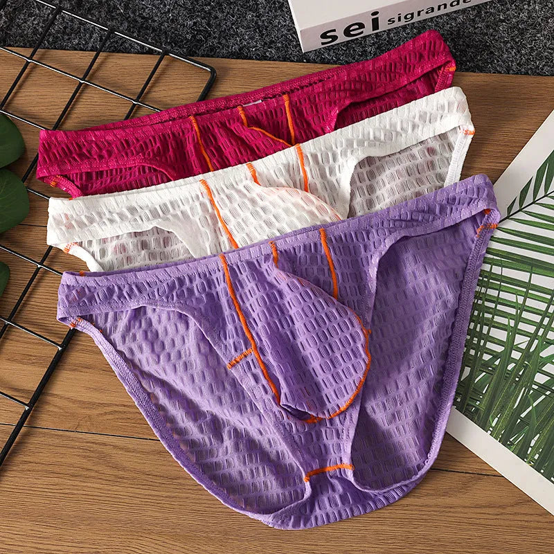 Men's ice silk lace briefs with low waist design in white, black, green, rose red, and light purple colours