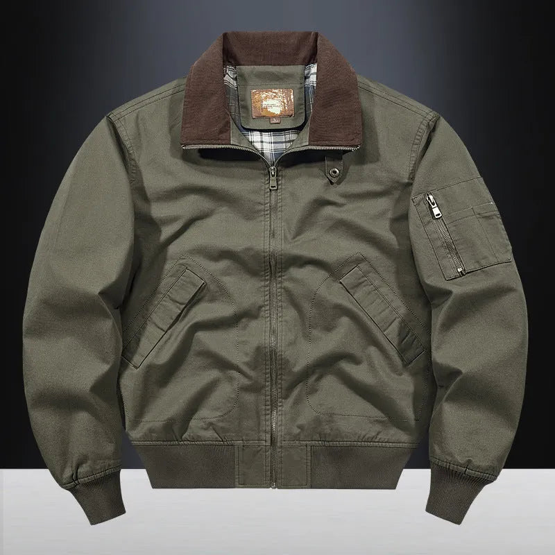 Men's casual washed cotton flight jacket in army green colour