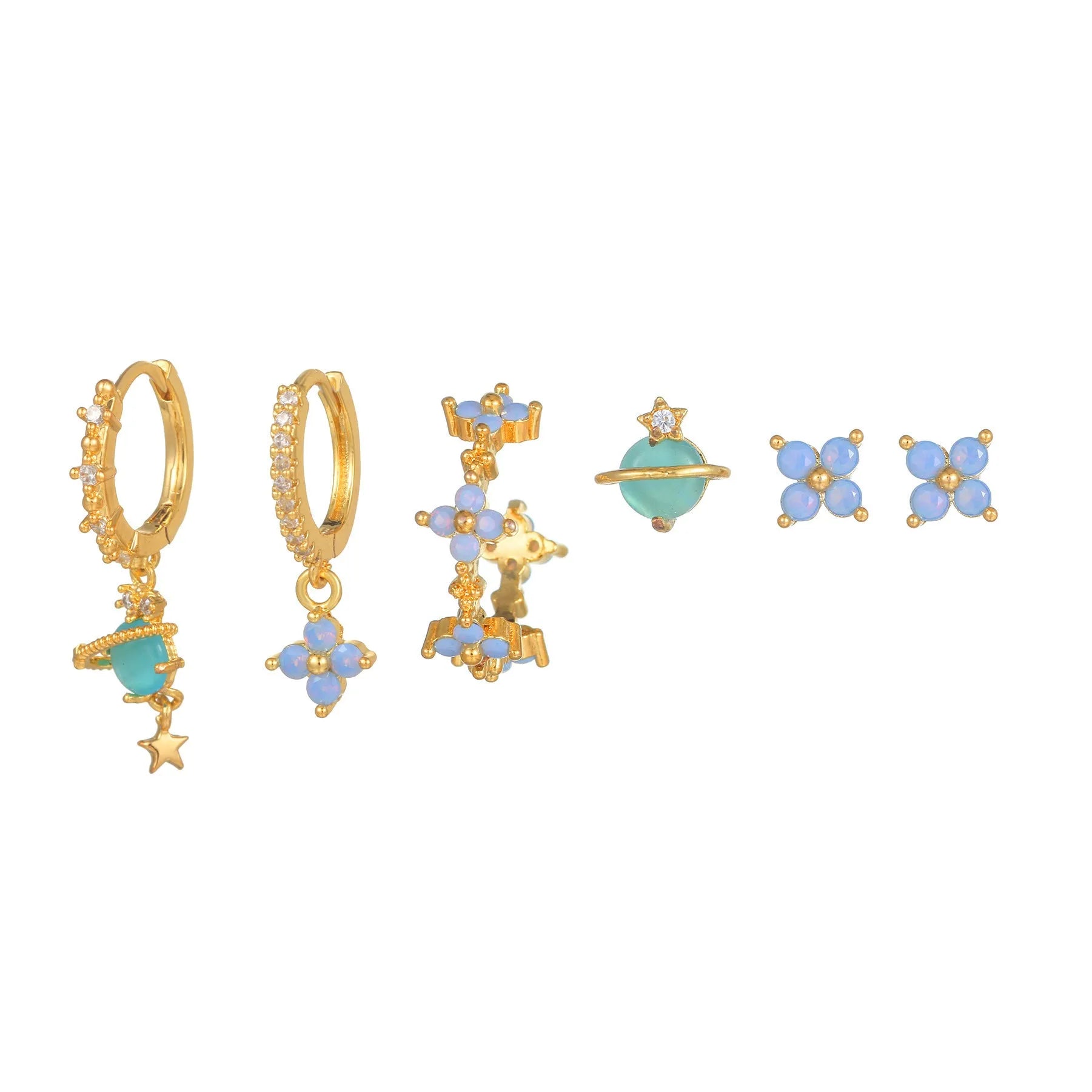 Flower-shaped zircon mosaic ear studs in Japanese Korean style with gold or silver finish