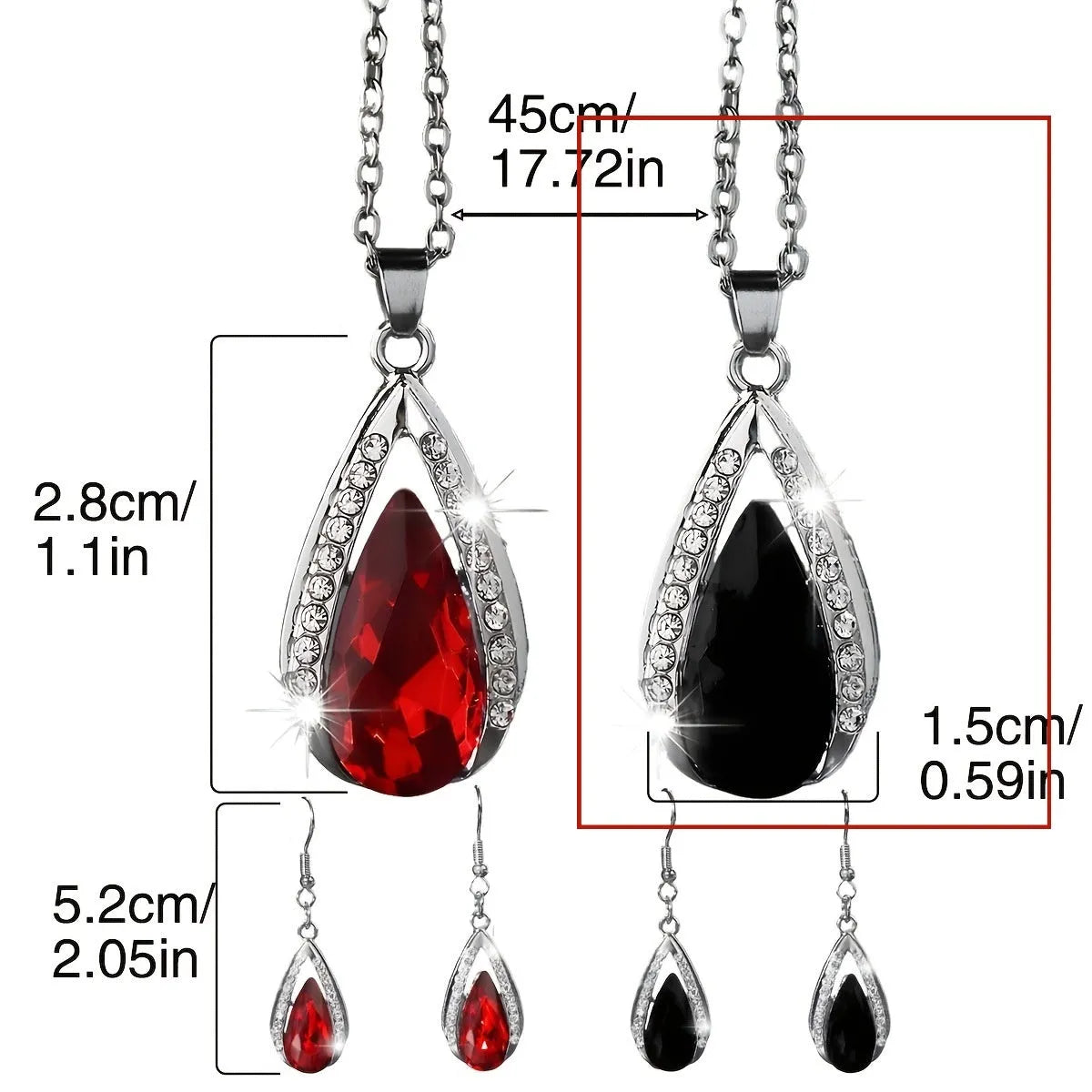 Black and red teardrop glass pendant necklace with matching earrings jewellery set