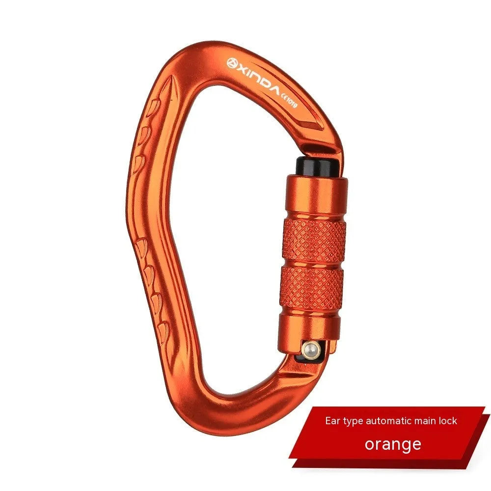 Automatic master lock climbing carabiner in black, blue, orange, red, and silver colours.