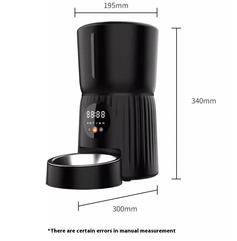 Black automatic pet feeder with digital display and food hopper for scheduled feeding