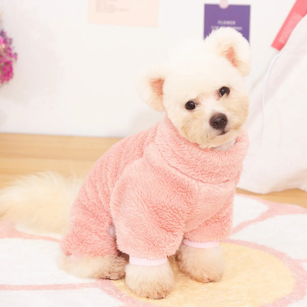 A khaki double-sided plush four-legged dog coat with a high collar and a metal towing ring on the back.