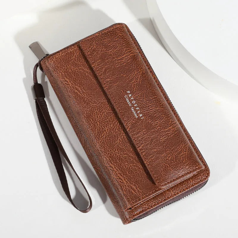 Men's black PU leather bi-fold wallet open to show multiple card slots, alongside brown and coffee colour variants.