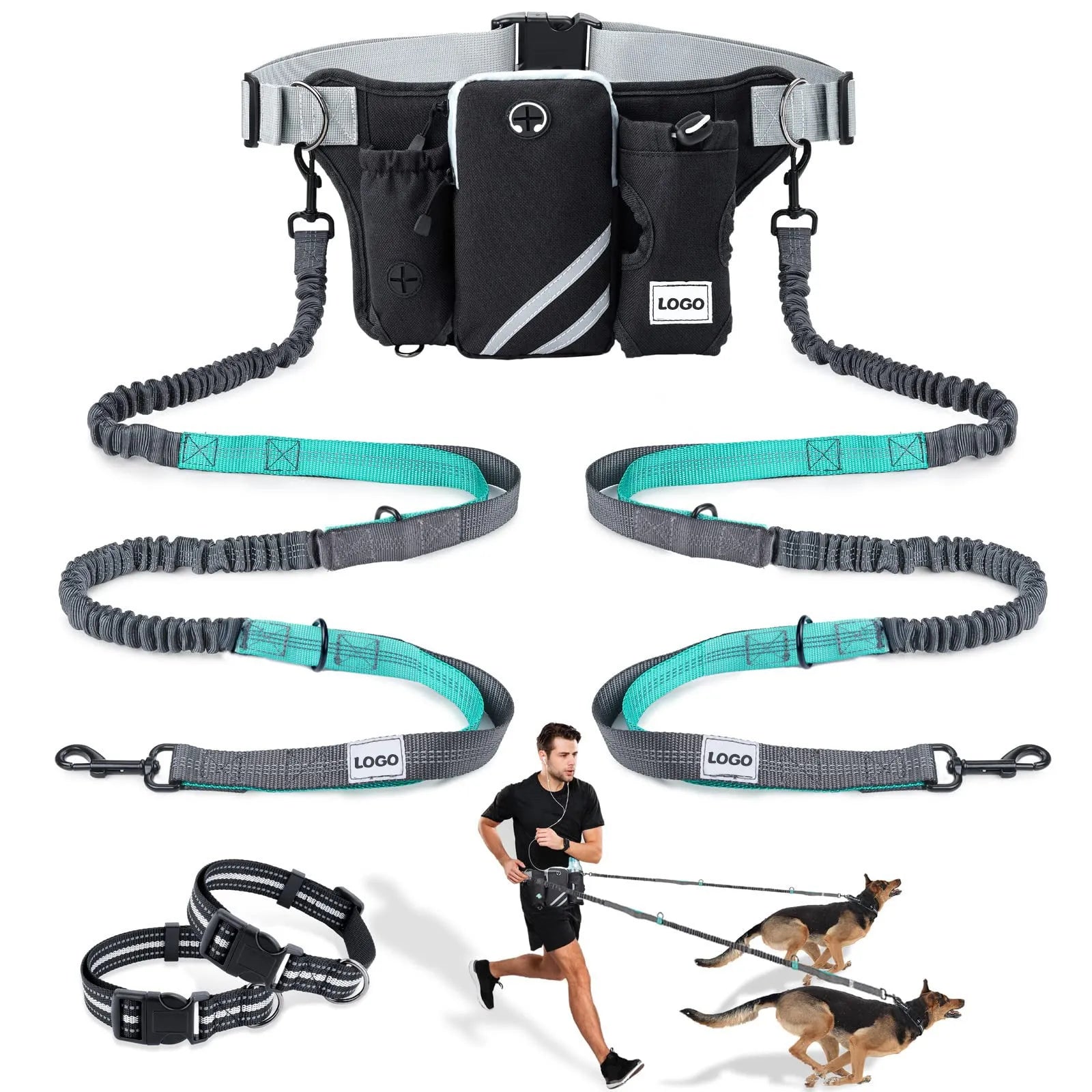 Black outdoor waist bag with dog leash and collar set for hands-free pet walking