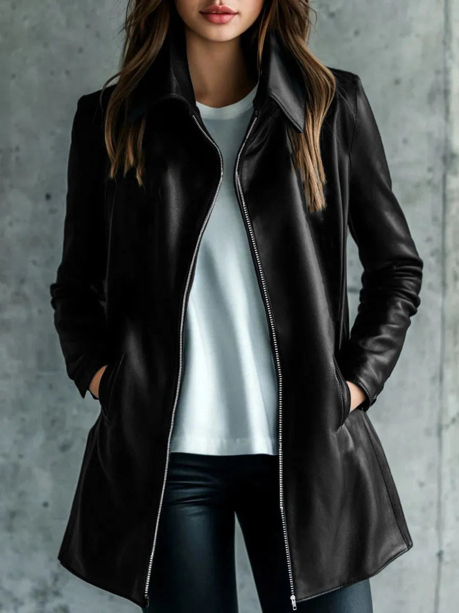 Women's black polyester leather jacket with 65cm medium length and long sleeves