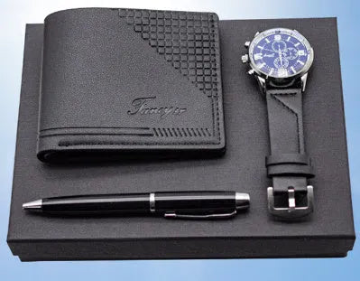 Creative holiday gift set containing wallet, pen and watch in brown or black colour options