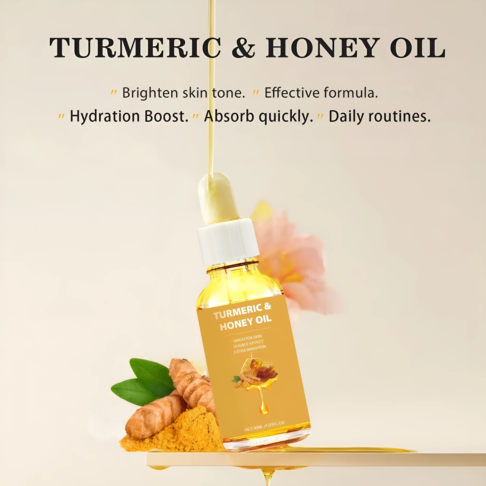 30ml Turmeric Honey Essential Oil bottle in neutral packaging for facial beauty application