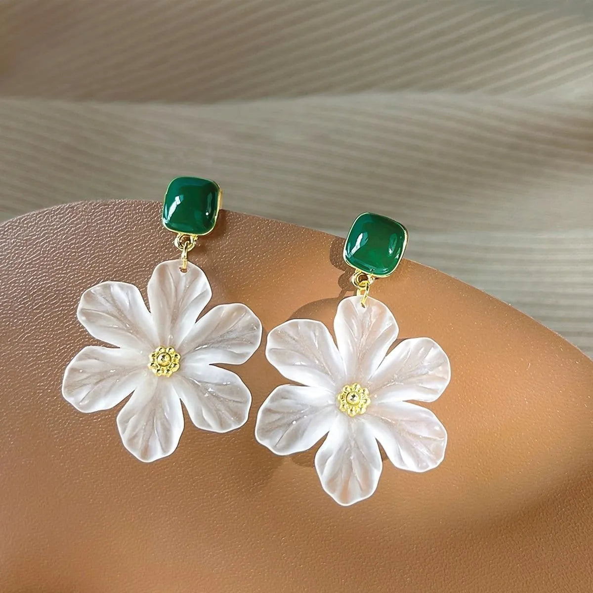 Dark green needle flowers sweet earrings with sterling silver tone finish