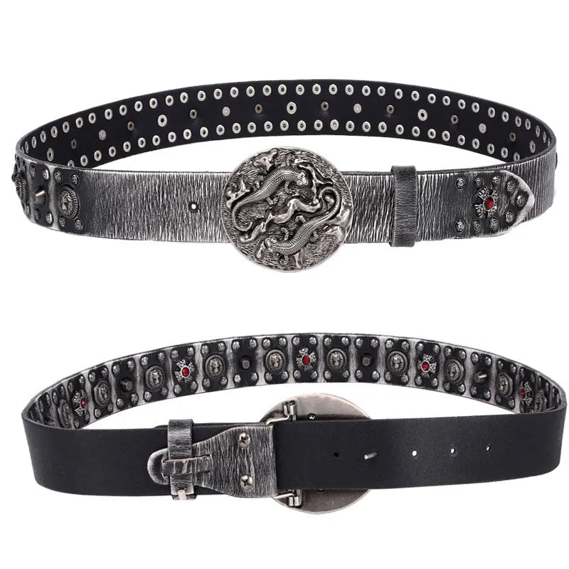 Men's leather belt with punk rivet details in retro colours with alloy buckle