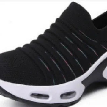 Plus size fly-knit socks shoes with mesh upper in multiple colour options showing round toe design