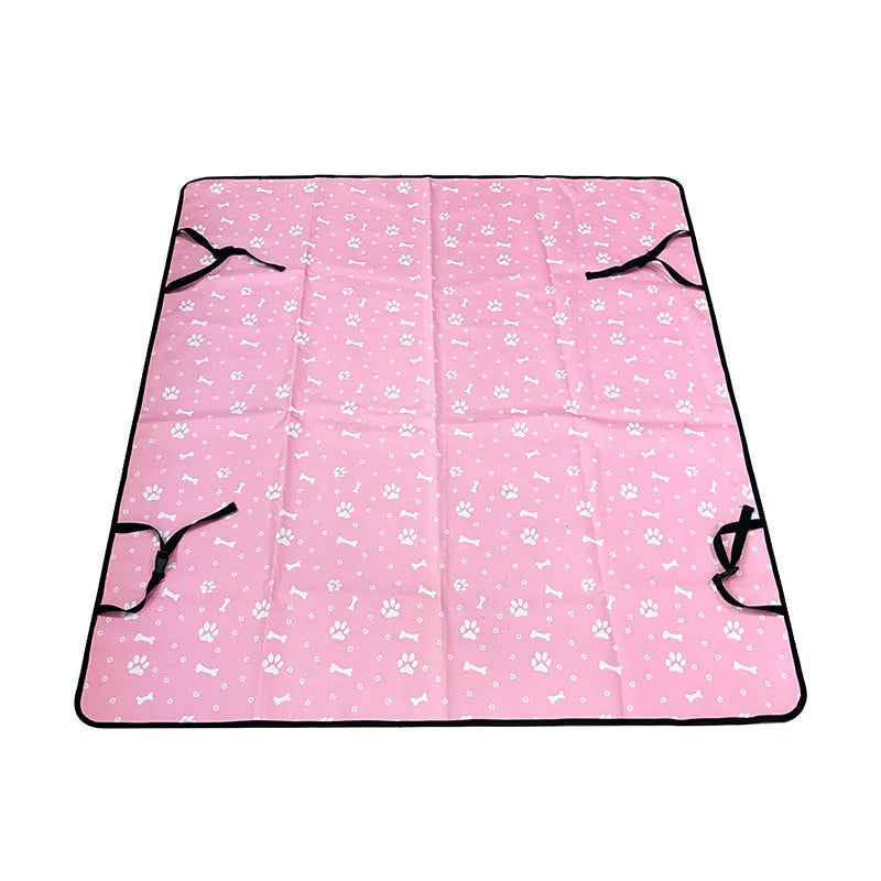 Car pet mat for rear seats in water resistant cloth with dog footprint design protecting vehicle upholstery