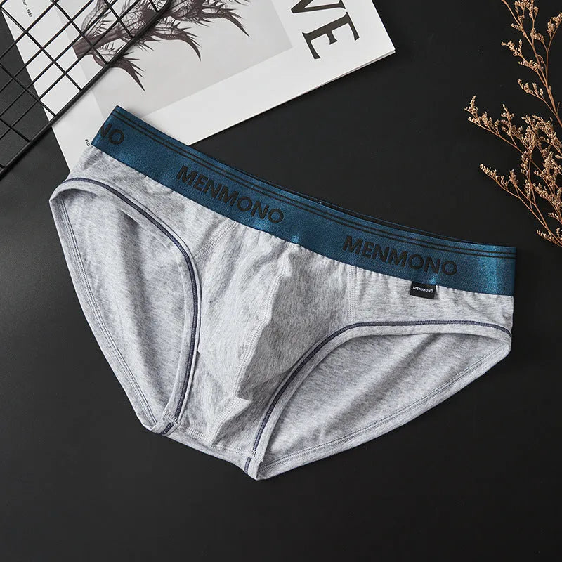 Men's low waist cotton briefs showing two-tone colour combinations including black/blue and white/red options