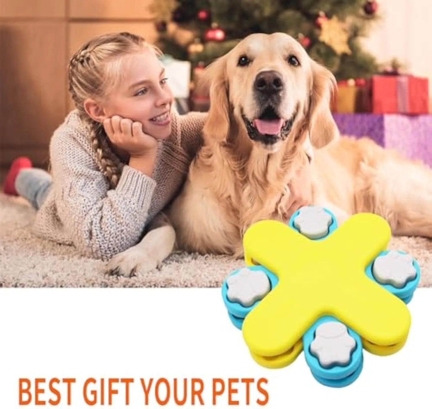 Yellow three-layer rotating dog puzzle feeder toy with claw-shaped lids on a non-slip base.
