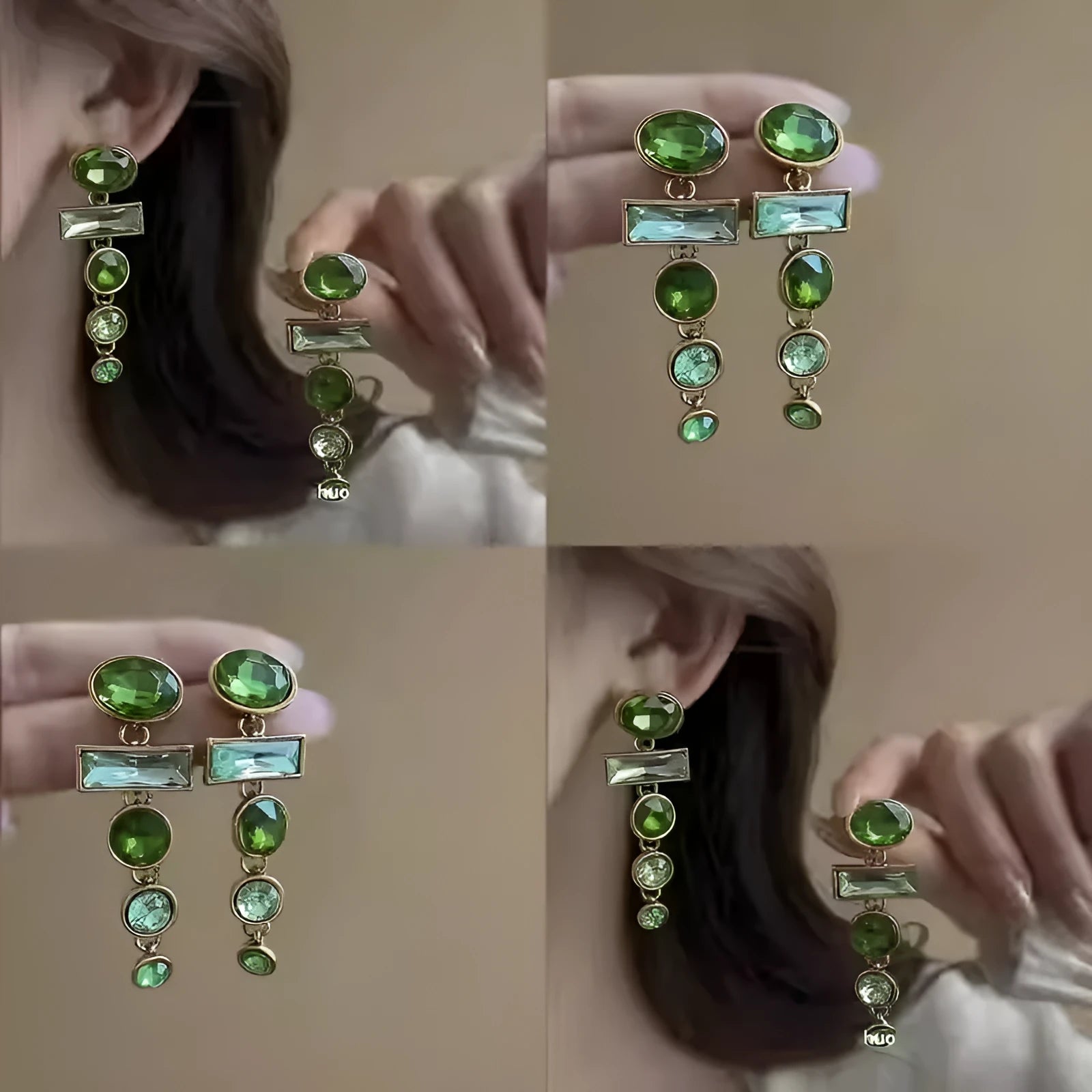 Geometric Chinese-style alloy earrings with green gradient colour, zircon inlay treatment and tassel detailing