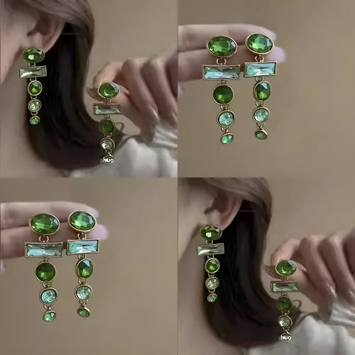 Geometric Chinese-style alloy earrings with green gradient colour, zircon inlay treatment and tassel detailing