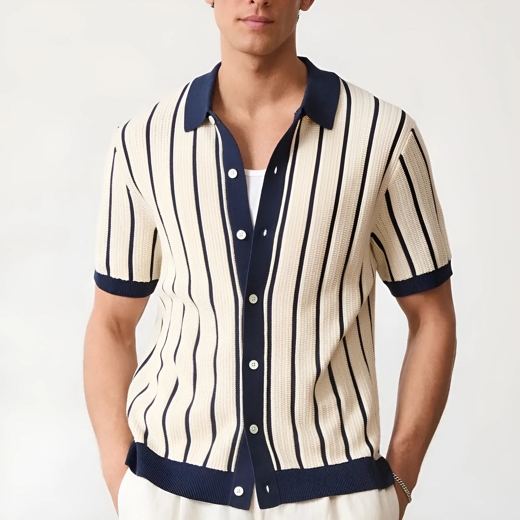Men's white short sleeve knitted top with lapel neckline and asymmetrical British style design