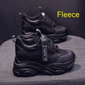 Women's black mesh platform casual shoes with hollow-out detail and a velvet-style lining.
