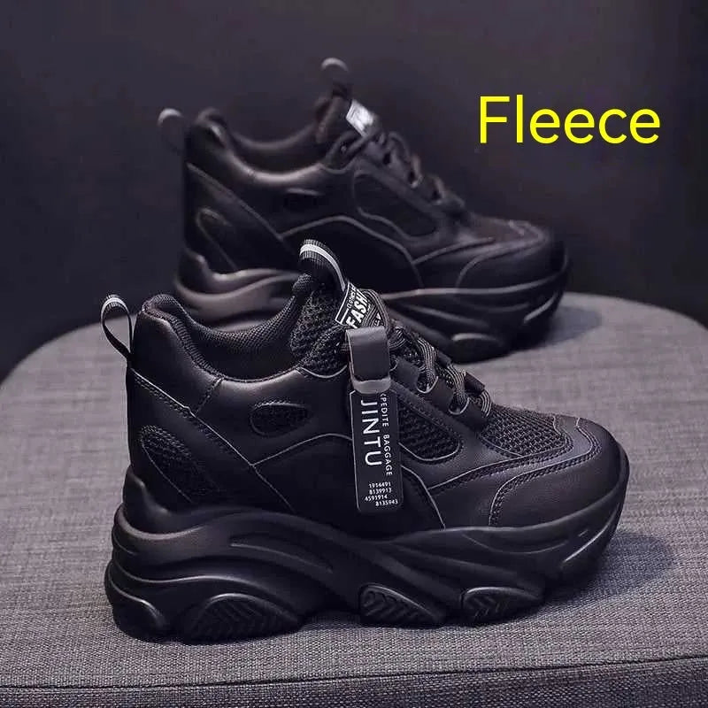 Women's black mesh platform casual shoes with hollow-out detail and a velvet-style lining.