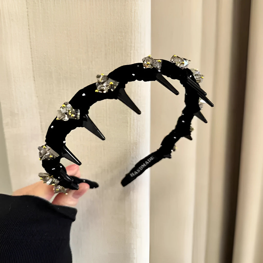 French velvet hairband with crystal decoration in wine red, black, and coffee colour options.