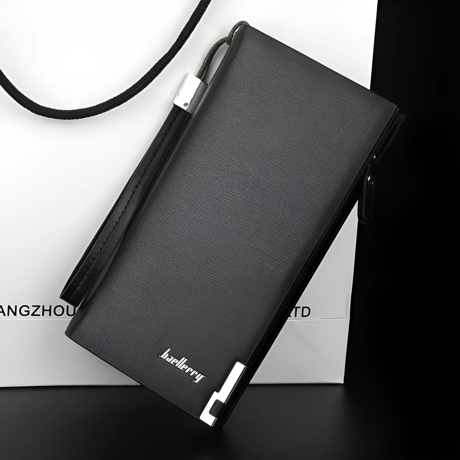 Men's long black PU leather wallet with a silver zipper closure laid flat