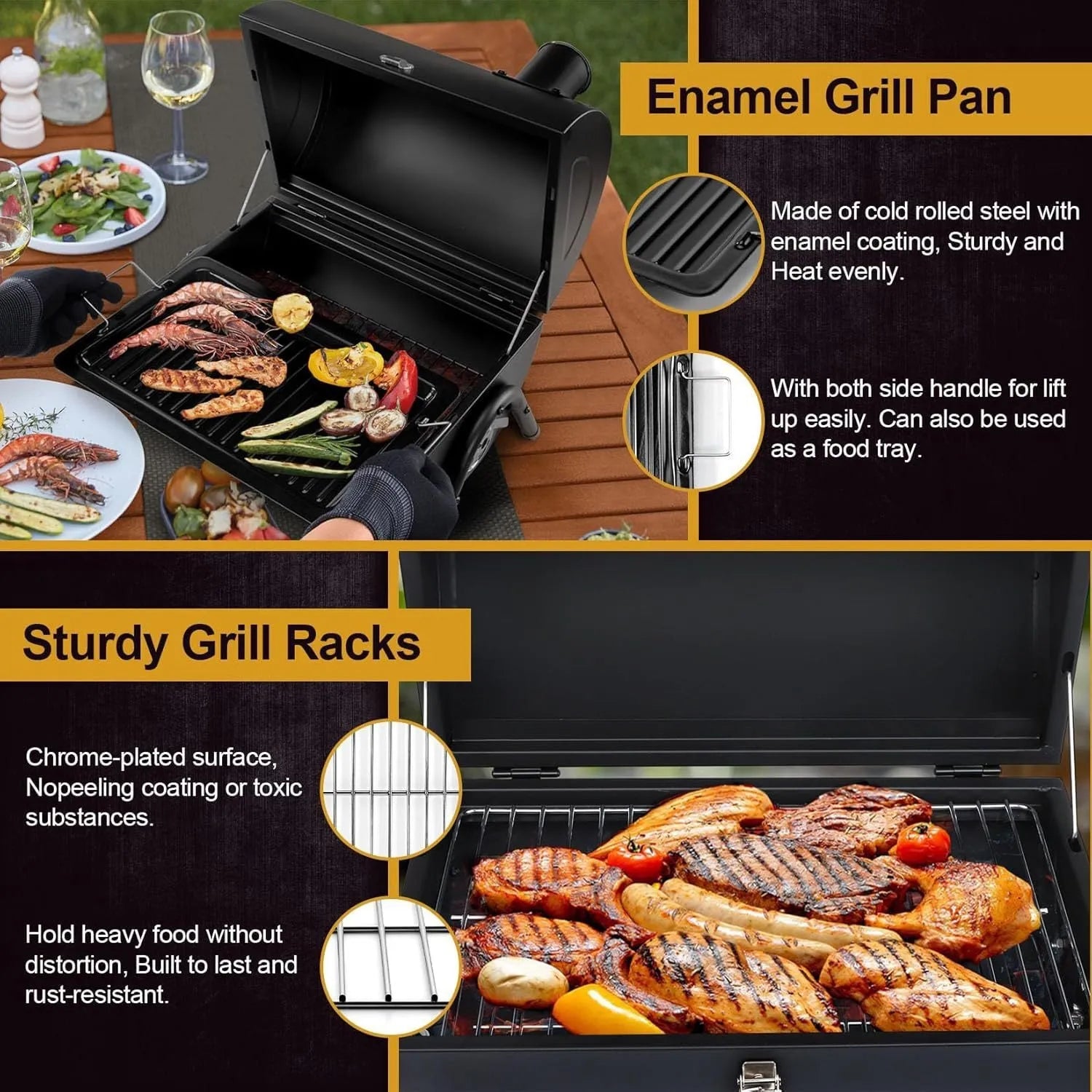 Small foldable desktop charcoal barbecue grill with grill grate, shown in closed and open positions.