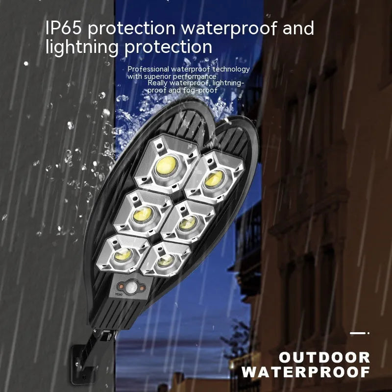 6-eye sword design outdoor solar garden lamp with remote control on a garden path.
