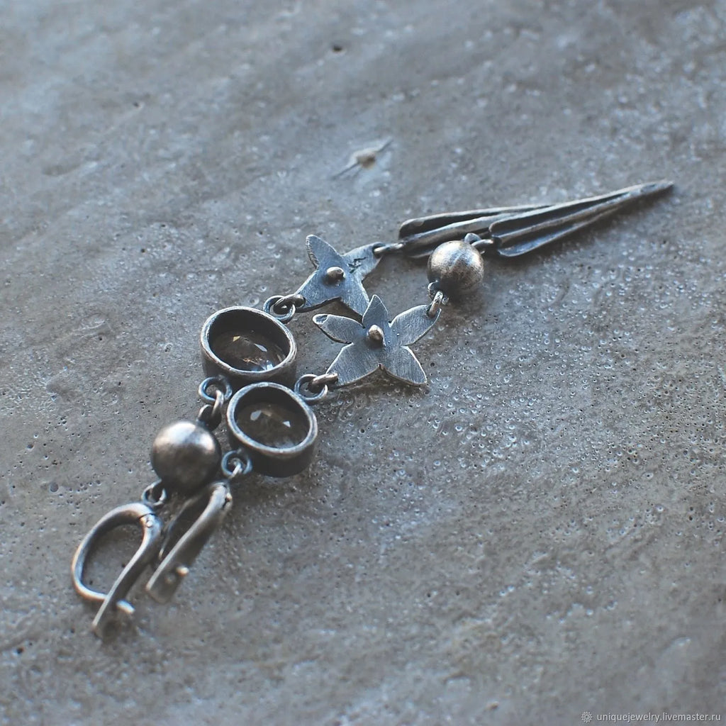 Geometric antique silver earrings with long rhinestone XINGX pendant