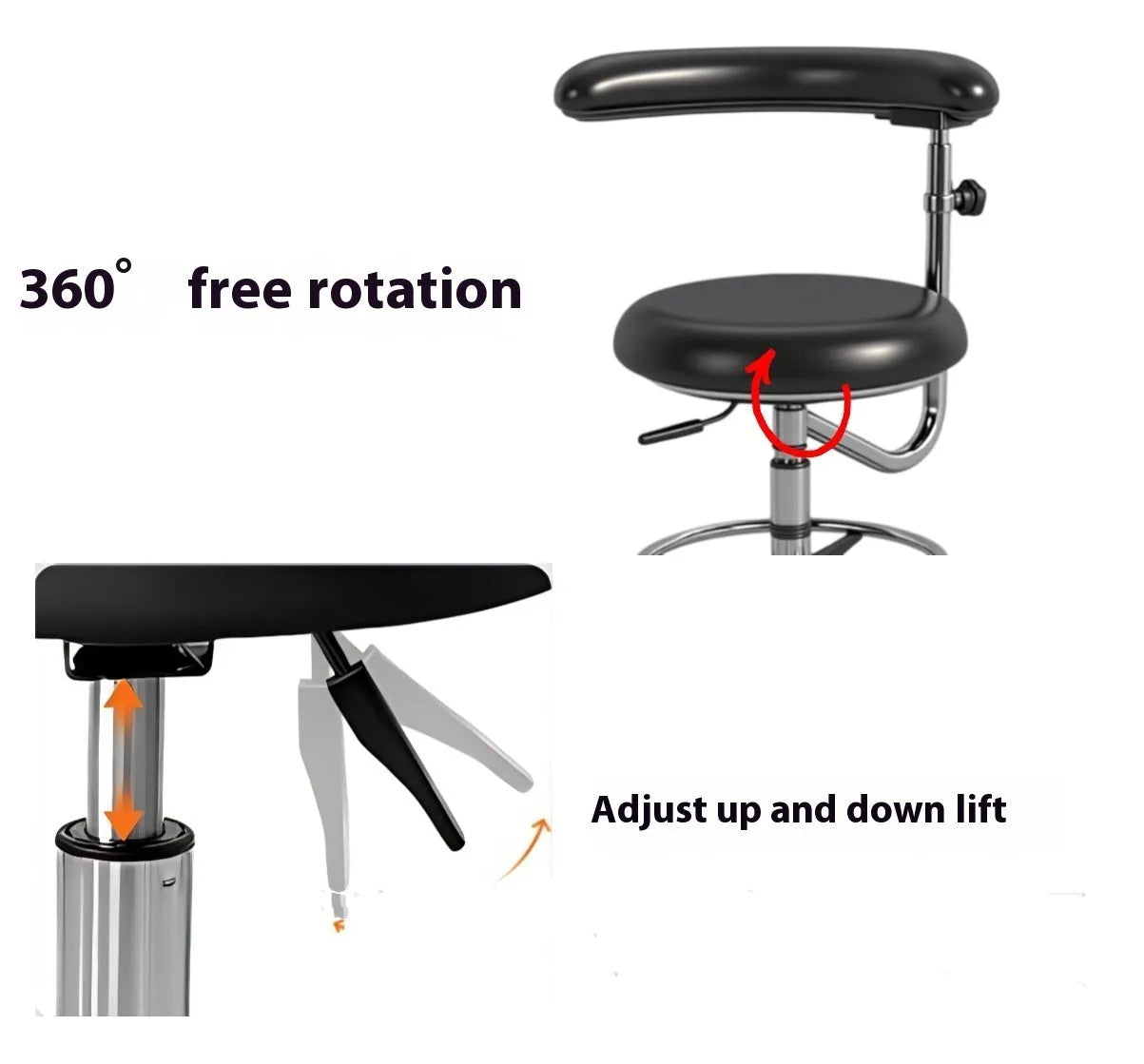 Black leather dental patient chair with adjustable height and base wheels