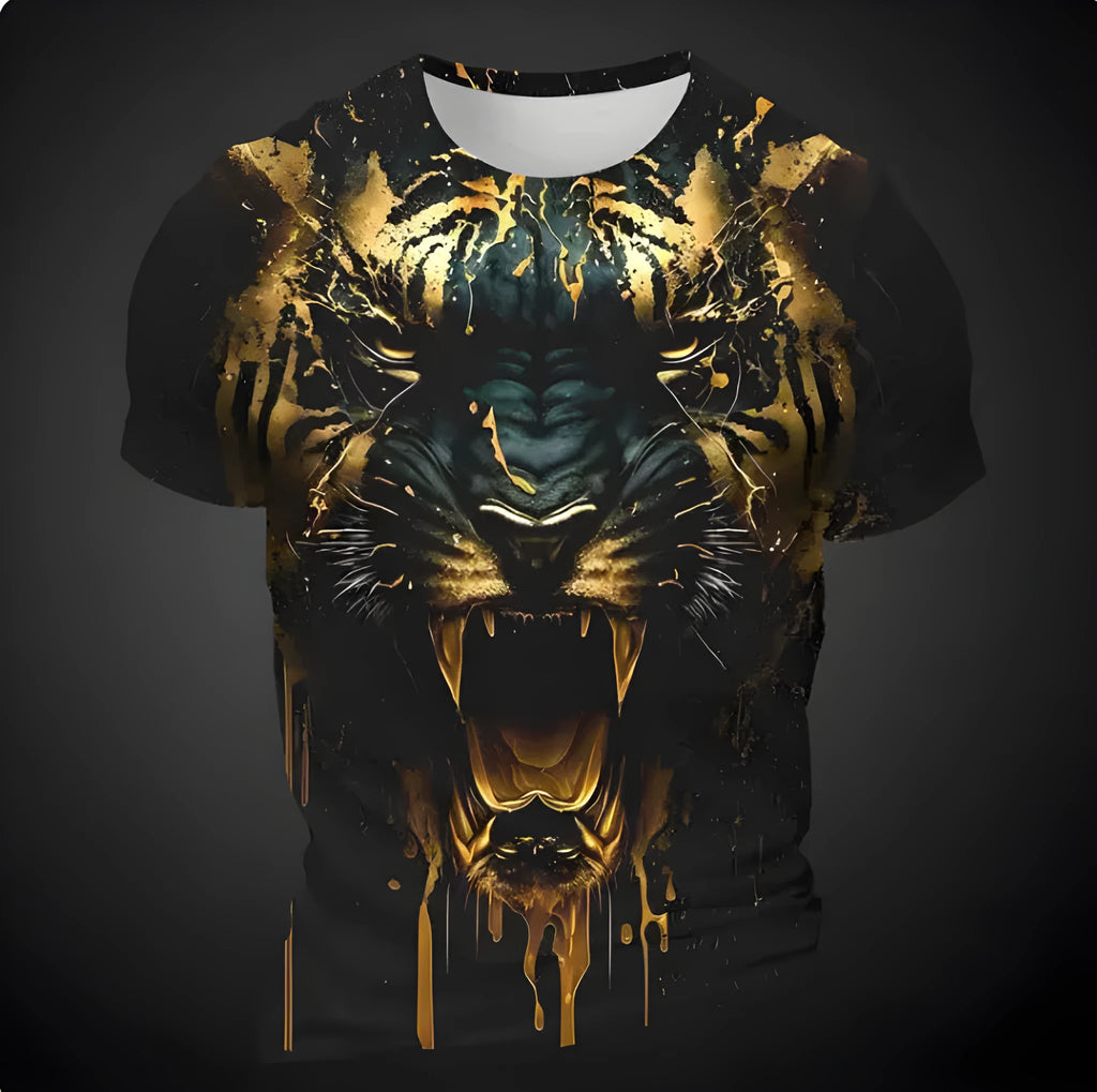 Men's grey T-shirt featuring a detailed 3D tiger head print on the chest, short sleeves.