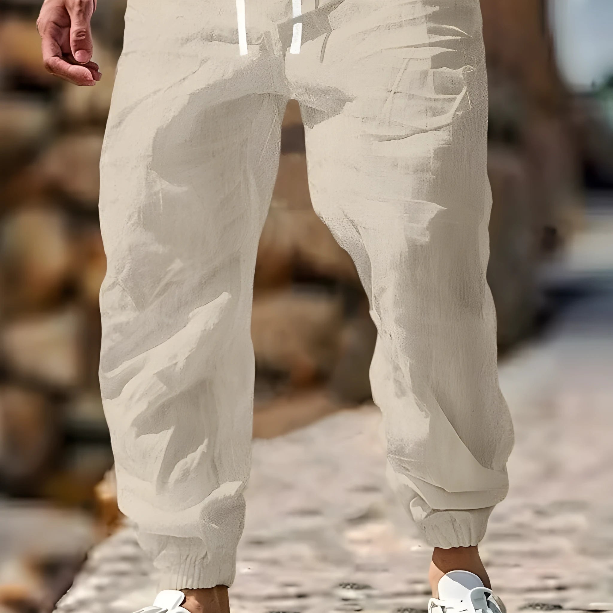 Men's straight leg cotton trousers with elastic waistband in seven colour options