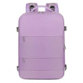Large purple travel backpack with multiple compartments and air pillow belt system
