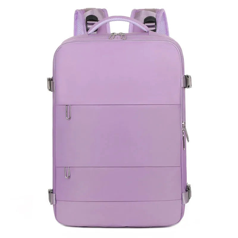 Large purple travel backpack with multiple compartments and air pillow belt system