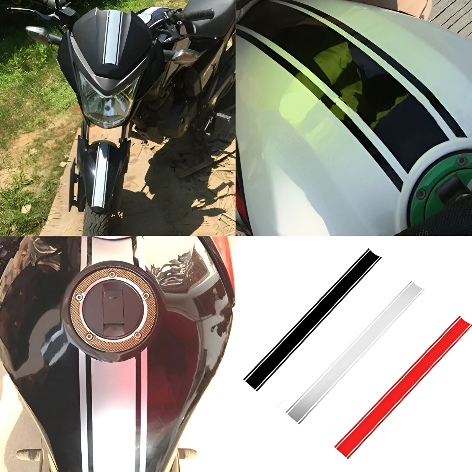 Motorcycle tank reflective pinstripe decal in black colour showing 50cm length vinyl strip