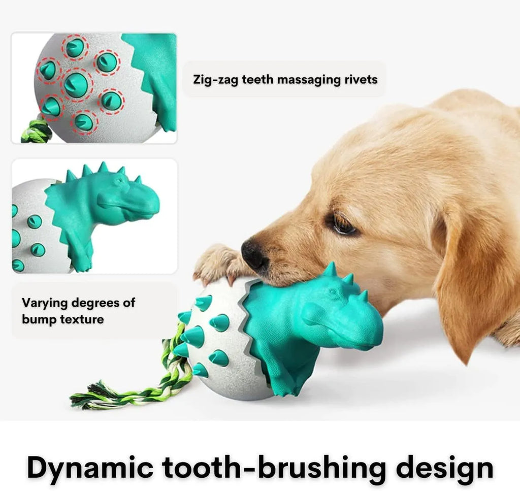 Blue durable dinosaur-shaped dog chew toy with an integrated rope and textured surface for dental care.