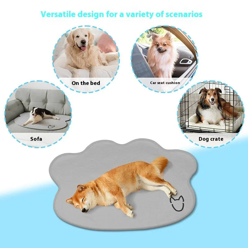 Ice silk dog cooling mat with simple dog head shape print, shown in a light grey colour on a wooden floor.